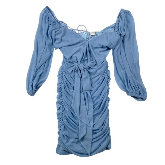 Selfie Leslie Dresses & Skirts - NWT Selfie Leslie Blue Ruched Off-The-Shoulder Mesh Long Sleeve Mini Dress XS